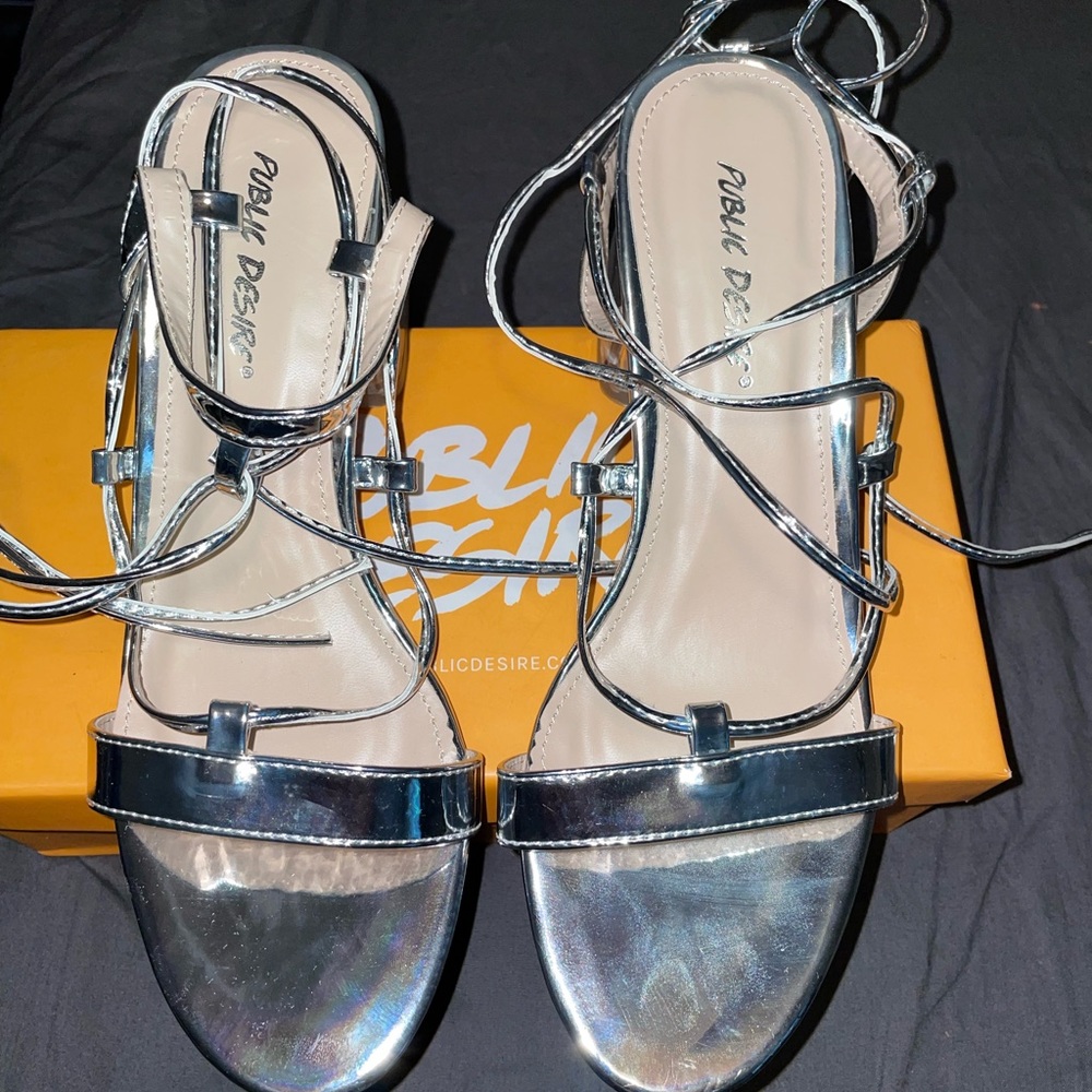 Public Desire silver low block heels | US size 8